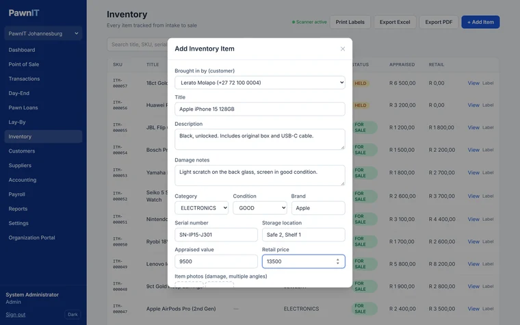PawnIT Add Inventory Item form filled in for a smartphone, with customer, description, damage notes, category, condition, serial number, storage location and values