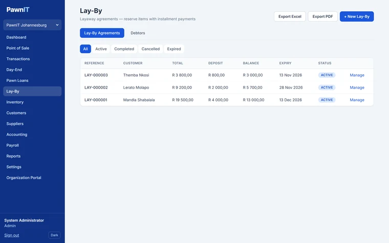 PawnIT lay-by agreements list showing references, customers, totals, deposits, balances, expiry dates and status filters