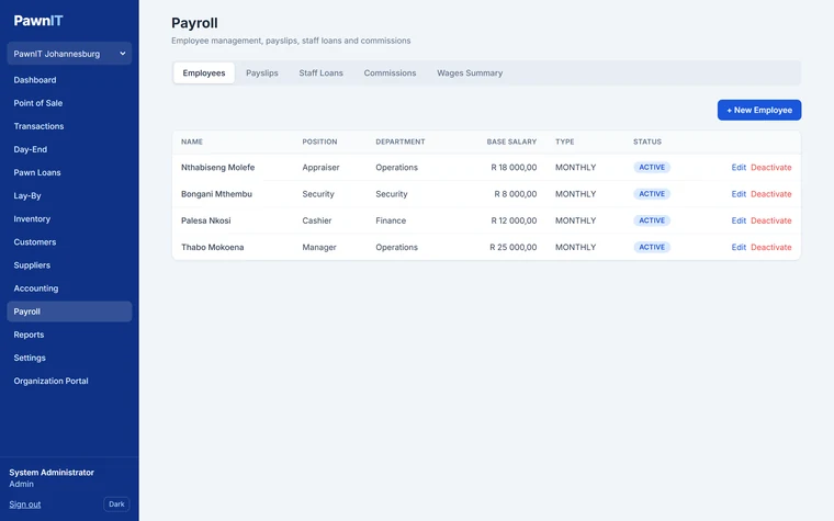 PawnIT payroll employee list showing names, positions, departments, monthly base salaries in rand and status