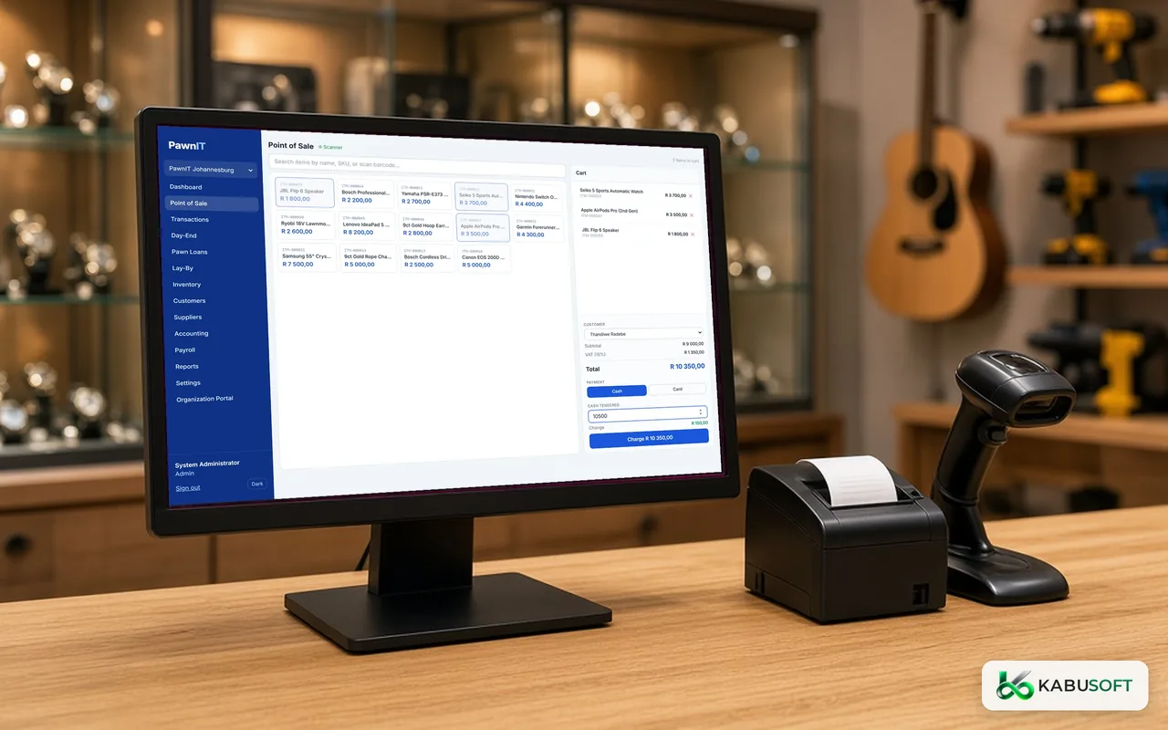 PawnIT point-of-sale software displayed on a desktop workstation in an illustrative retail environment. The screen is a real PawnIT screenshot with fictional sample data: three items in the cart, 15% VAT, cash tendered and change, next to a grid of stock items priced in rand
