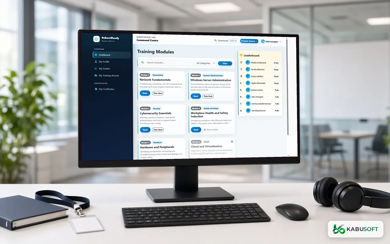 RebootReady training software displayed on a desktop workstation in an illustrative office environment. The screen is a real RebootReady 1.0.0-rc1 screenshot with fictional demo data, showing training module cards with Read and Take Quiz buttons, a locked module and a department leaderboard
